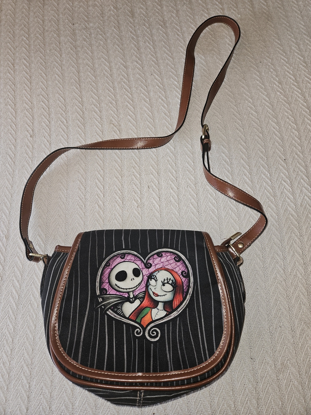 Jack And Sally Black Pinstripe Crossbody Bag With Illustrated Heart